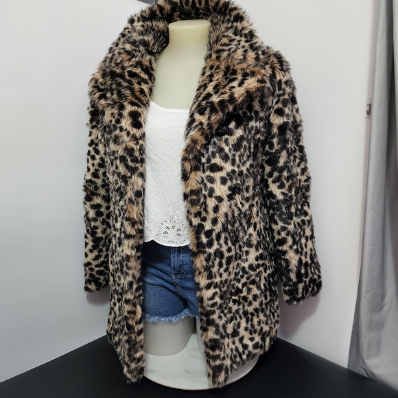 Aus12 Alice & You Faux Fur Leopard Print Collared Coat Jacket - Picture 6 of 16